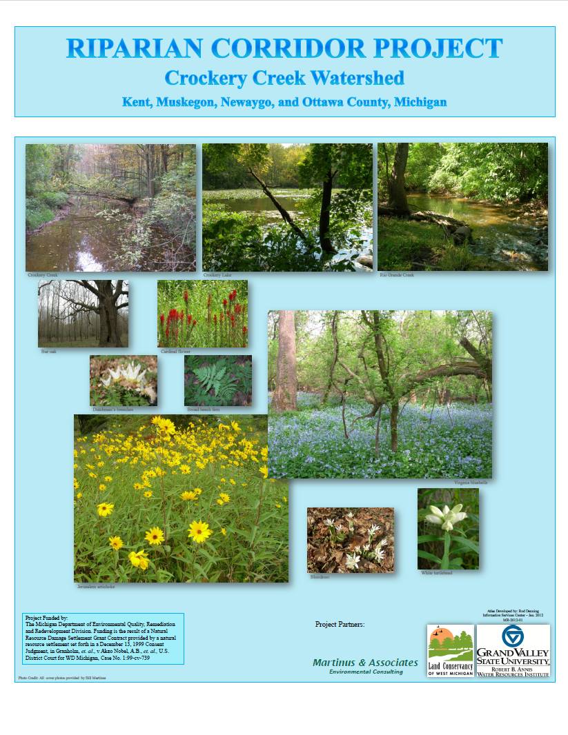 Report cover of "Riparian Corridor Project - Crockery Creek Watershed" depicting multiple images of plants and riverbank scenery.